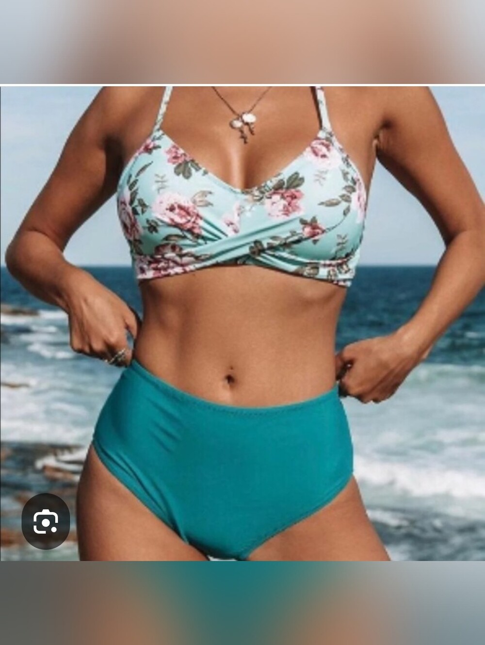 Mint Floral Twist Bikini Top with Teal High-Waist Bottoms - Women Swim
